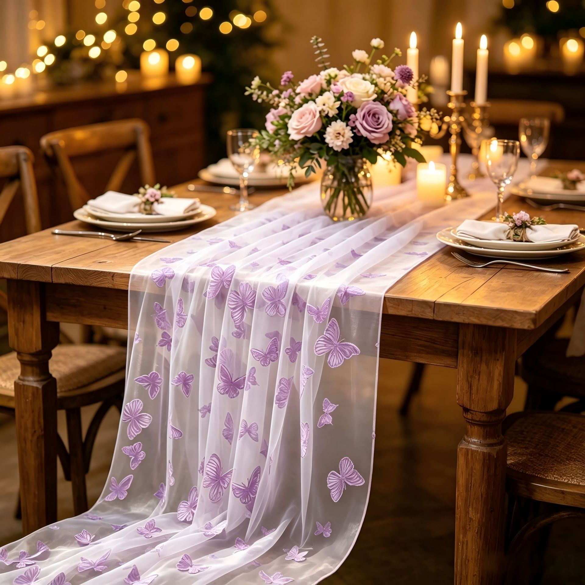 Christmas Table Runner - Nylon Tulle Flocked Butterfly Table Runner,